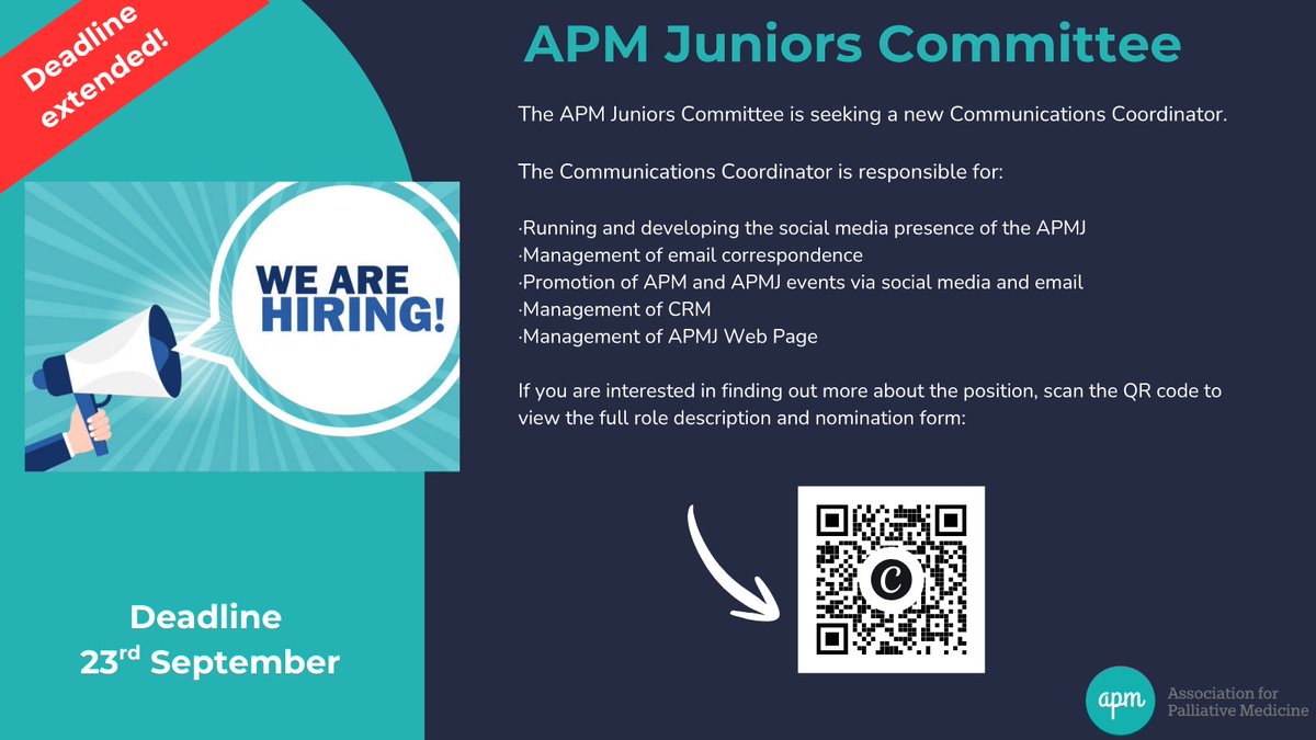 APMPostTweets's tweet photo. 🚨Last chance to apply!🚨

Applications close tomorrow for the Communications Coordinator role on the APM Juniors Committee. Scan below to find out more. 

Don't delay, apply today! https://t.co/er3VNahdug