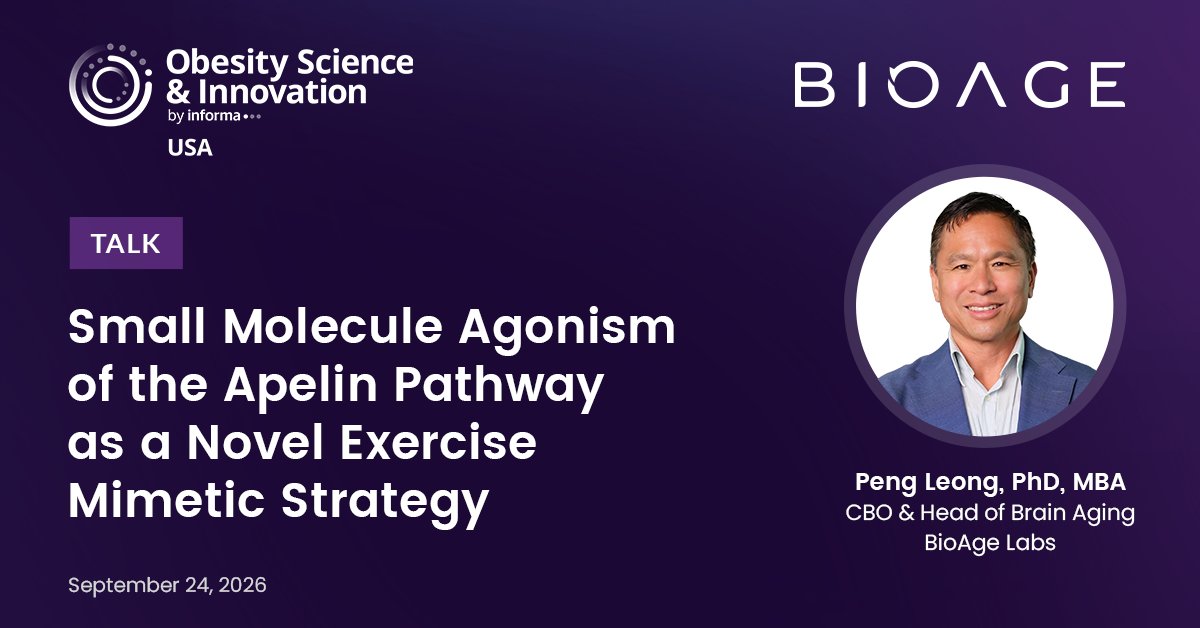 bioagelabs's tweet photo. At Obesity Science & Innovation USA, part of Biotech Week Boston, BioAge CBO Peng Leong will present "Small Molecule Agonism of the Apelin Pathway as a Novel Exercise Mimetic Strategy” - demonstrating how BioAge's human aging platform can be used to discover novel exercise mimetics, with apelin agonists as the case study.

Thursday, September 24
9:20–9:40 AM

Agenda: https://t.co/GD5XVbgsPr