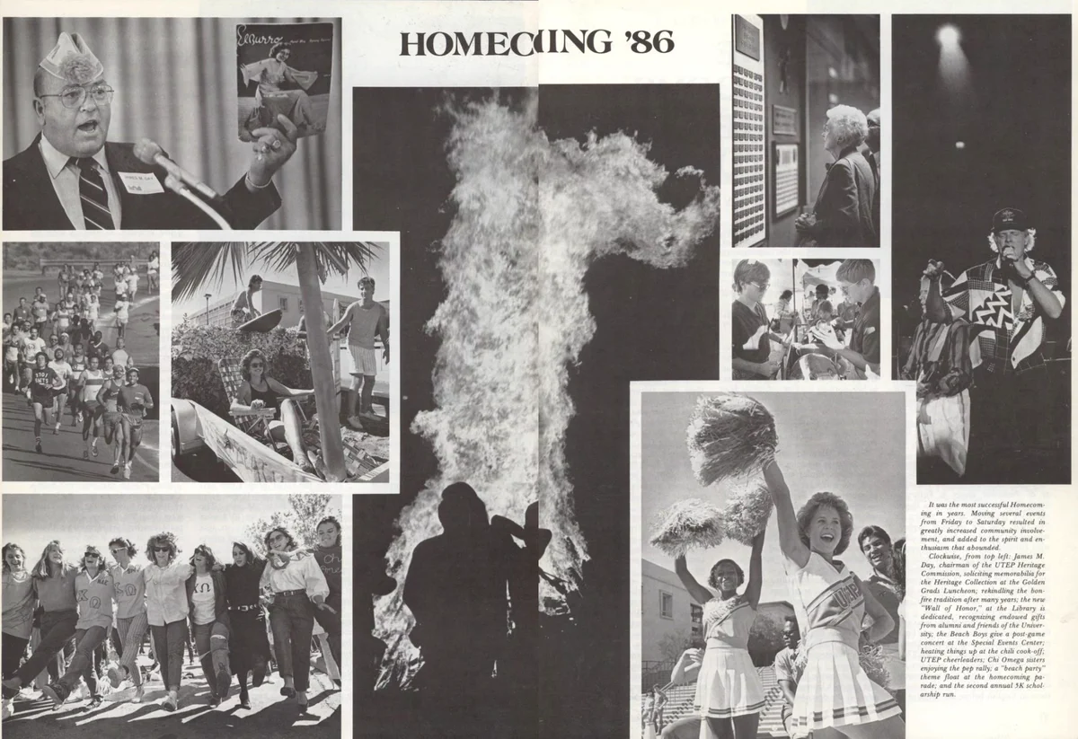 This image is a collage from a 1986 issue of NOVA magazine. It includes a central large bonfire and various smaller photos: a person holding a microphone and yearbook, a group running a race, someone reading, people interacting with a vending machine, and cheerleaders holding pompoms. The top center text reads “HOMECOMING ’86.”
