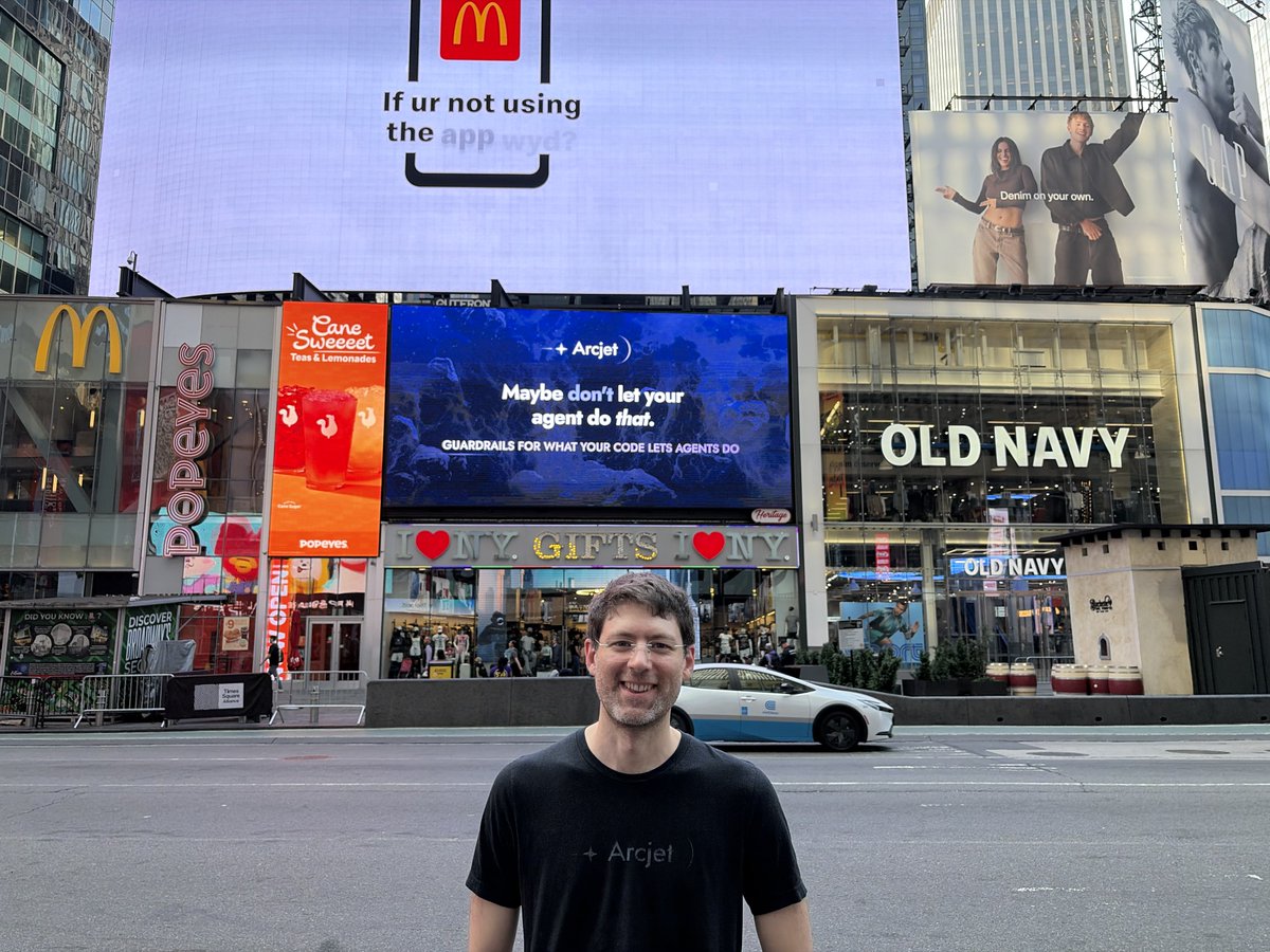 davidmytton's tweet photo. It's a year since I moved to NYC, so we're on Times Square for today's launch of @arcjet's new agent runtime security:

Three new capabilities, available now:

1. Observe: discover all your agents, wherever they're running, with no code changes and nothing to deploy

2. Enforce: apply controls before and after every action. Apply deterministic policies to tools, APIs, database calls, and other inputs/outputs. Detect prompt injection, wrap tools in safety guardrails, limit API access, and protect PII

3. Audit: collect the evidence for security reviews and compliance audits

Sign up for a free trial or reach out to schedule a demo!