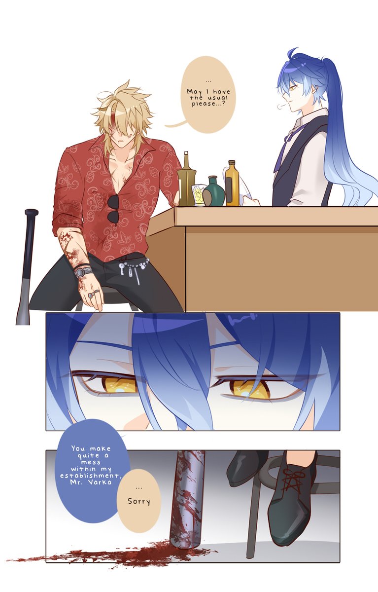 milkurepu's tweet photo. gang boss varka x bartender flins AU
(cw: mild blood)
#varflins https://t.co/NFrWBLbzEb