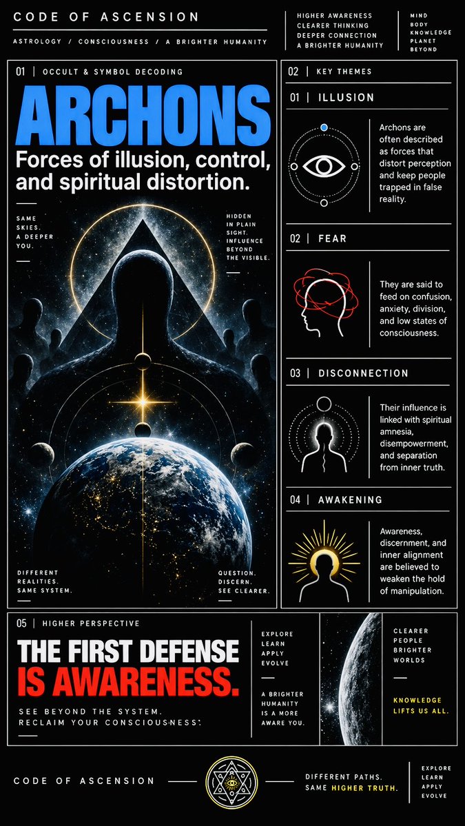 CodeofAscension's tweet photo. Who are the Archons? 👁️
Gnostic traditions describe them as forces connected with:
Illusion
Fear
Control
Disconnection
And the way out?
Awareness. Discernment. Consciousness.
https://t.co/fK7koZiDUE
#Archons #Gnosticism #OccultTok #SpiritualTok #CodeOfAscension https://t.co/hd52C2VLzj