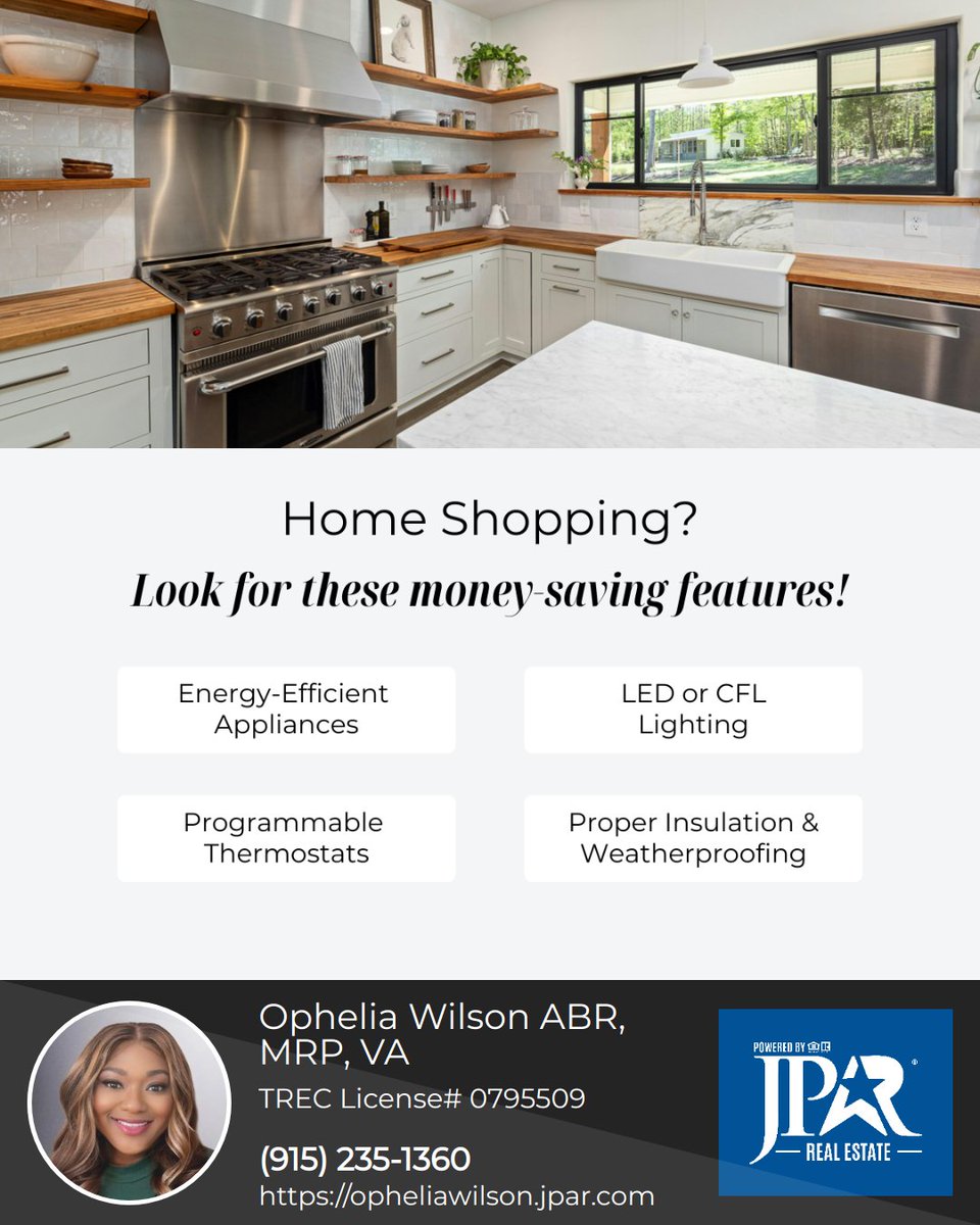 Phelia101's tweet photo. 🏡 Looking for an energy-efficient home?

Look for:
💡 Energy-efficient appliances
🔆 LED lighting
📱 Smart or programmable thermostats
🏠 Good insulation and weatherproofing

These features can help lower energy bills while making your home more comfortable. 🌿

#elpaso https://t.co/EDTVYNApAQ