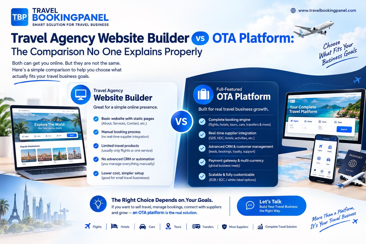tbookingpanel's tweet photo. Website Builder or OTA Platform?

Starting a travel business? Discover the key differences and find the right technology for your booking goals.

🔗 https://t.co/ljFYgsQ7B5

#TravelTech #OTA #TravelAgency https://t.co/xxCI42YvSw