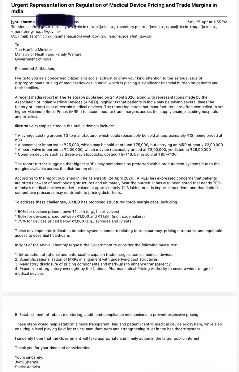 2222jyot's tweet photo. On 25 April 2026, I submitted a representation to @MoHFW_INDIA, @nppa_india, @Pharmadept, @NITIAayog and @OfficeofJPNadda regarding medical-device pricing, MRP transparency and trade margins.

I requested stronger monitoring and greater pricing transparency to protect patients from excessive financial burden.

Kindly inform me about the action taken on my representation.@Tukaram_IndIAS 

#MedicalDevices #PriceTransparency #PatientSafety