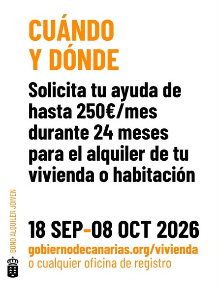 JuventudCanaria's tweet photo. Convocatoria del Bono de Alquiler Joven 2026.
@ViviendaCanaria @obras_GobCan @PresiCan
Hasta 250€ mensuales para apoyar el alquiler de jóvenes de 18 a 35 años.
Solicitudes del 18 de septiembre al 8 de octubre 2026.
Toda la info 👇
https://t.co/MG4uh8dpSu
#redsij #gobcan https://t.co/rosRJiGgzk