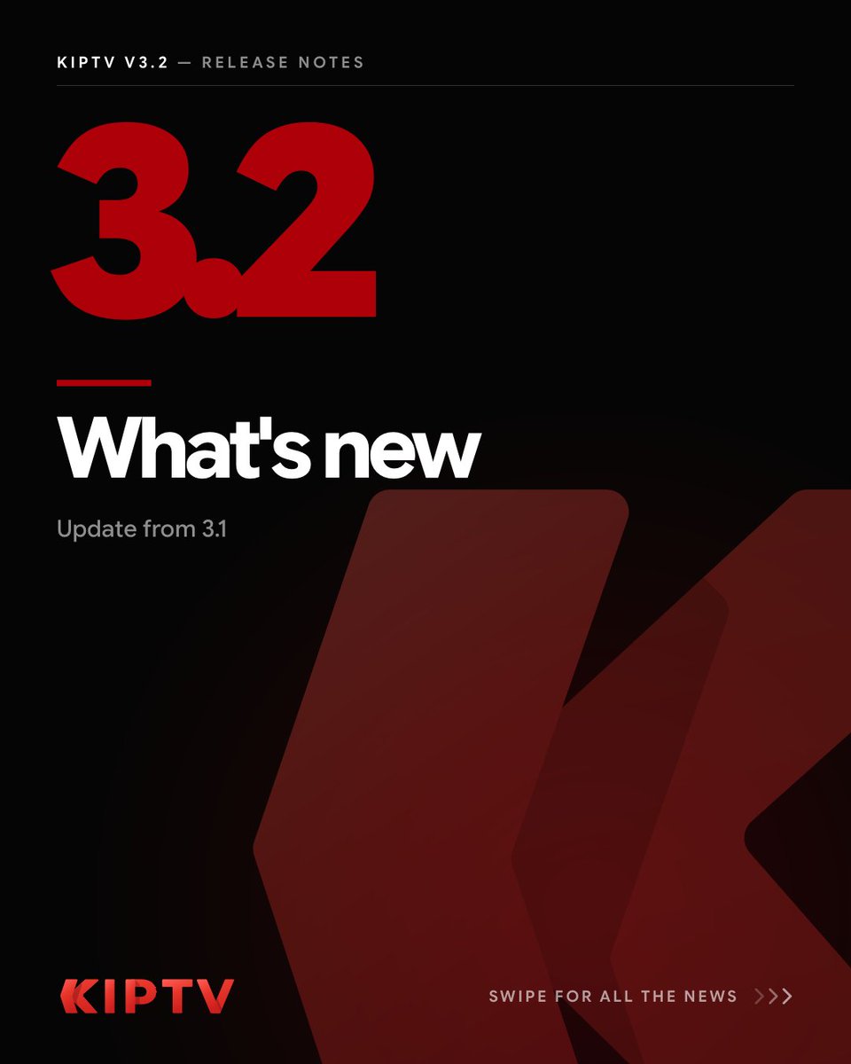 kiptvapp's tweet photo. 🚀 #KIPTV v3.2 is on the way! See what's new 👇

✨ 𝗧𝗿𝗲𝗻𝗱𝗶𝗻𝗴 𝗶𝗻 𝘁𝗵𝗲 𝗧𝗼𝗽 𝗦𝗵𝗲𝗹𝗳
A new Apple TV setting shows trending titles in the Top Shelf instead of Continue Watching.

✨ 𝗗𝗼𝘄𝗻𝗹𝗼𝗮𝗱 𝗮𝗻 𝗲𝗽𝗶𝘀𝗼𝗱𝗲 𝗳𝗿𝗼𝗺 𝗶𝘁𝘀 𝗰𝗮𝗿𝗱
The download button now also sits in the corner of the card: previously the only way was the long-press menu.

🔺 𝗞𝗜𝗣𝗧𝗩 𝗹𝗼𝗴𝗼 𝗿𝗲𝗱𝗲𝘀𝗶𝗴𝗻𝗲𝗱
Wordmark and icons redrawn across every platform.

🔺 𝗣𝗹𝗮𝘆𝗯𝗮𝗰𝗸 𝗲𝗻𝗴𝗶𝗻𝗲𝘀 𝘂𝗽𝗱𝗮𝘁𝗲𝗱
The Aether engine has been updated, with steadier live playback through interruptions and no frozen frame when returning to live. KSPlayer, VLC and mpv are updated too.

🛠️ 𝗧𝗵𝗲 𝗛𝗼𝗺𝗲 𝗻𝗼 𝗹𝗼𝗻𝗴𝗲𝗿 𝗾𝘂𝗶𝘁𝘀 𝗼𝗻 𝗔𝗽𝗽𝗹𝗲 𝗧𝗩
With the latest Apple TV system the app closed after scrolling to the bottom of the Home.

🛠️ 𝗜𝗺𝗮𝗴𝗲 𝘀𝘂𝗯𝘁𝗶𝘁𝗹𝗲𝘀 𝘃𝗶𝘀𝗶𝗯𝗹𝗲 𝗼𝗻 𝗔𝗲𝘁𝗵𝗲𝗿
PGS, DVB and VobSub tracks did not always appear.

🛠️ "𝗢𝘁𝗵𝗲𝗿 𝘃𝗲𝗿𝘀𝗶𝗼𝗻𝘀" 𝗻𝗼 𝗹𝗼𝗻𝗴𝗲𝗿 𝗳𝗿𝗲𝗲𝘇𝗲𝘀 𝘁𝗵𝗲 𝗮𝗽𝗽
The copy picker opens without locking up the screen.

🛠️ 𝗟𝗶𝘃𝗲 𝗰𝗵𝗮𝗻𝗻𝗲𝗹𝘀 𝗯𝗮𝗰𝗸 𝘄𝗵𝗲𝗿𝗲 𝘁𝗵𝗲𝘆 𝗯𝗲𝗹𝗼𝗻𝗴
On some providers the channel list came up empty because of the format of the date added.

🛠️ 𝗡𝗼 𝗺𝗼𝗿𝗲 𝗱𝘂𝗽𝗹𝗶𝗰𝗮𝘁𝗲 𝗲𝗽𝗶𝘀𝗼𝗱𝗲𝘀
Episodes the provider delivers twice no longer show up twice in the season.

🛠️ 𝗧𝗵𝗲 "𝗦𝗸𝗶𝗽 𝗶𝗻𝘁𝗿𝗼" 𝗯𝘂𝘁𝘁𝗼𝗻 𝗶𝘀 𝗯𝗮𝗰𝗸
On several series the button did not appear because the episode was not being recognized.

🛠️ 𝗧𝗵𝗲 𝗮𝗽𝗽 𝗶𝘀 𝗻𝗼 𝗹𝗼𝗻𝗴𝗲𝗿 𝗾𝘂𝗶𝘁 𝗼𝗻 𝗠𝗮𝗰
On macOS 27 the system terminated the app after a few minutes in the background.

🛠️ 𝗖𝗹𝗲𝗮𝗻𝗲𝗿 𝘁𝗶𝘁𝗹𝗲𝘀
The country prefix is now removed even when it is wrapped in decorations.

💬 You come first. Your feedback shapes every release — share yours via in-app Support.