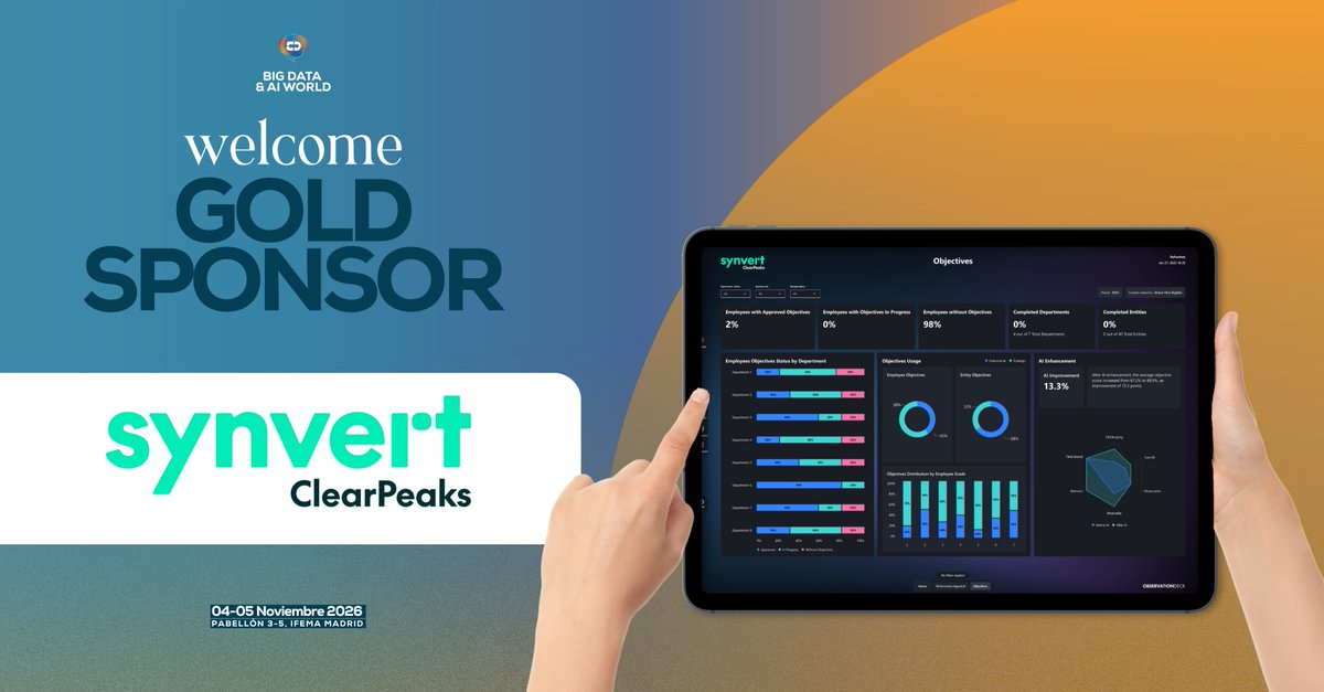 CLEARPEAKS's tweet photo. We are excited to announce that we will be at the Big Data &amp; AI World Madrid event on 4th &amp; 5th November.  

Come and meet us at our stand, and join us for 2 exciting sessions on how you can maximise your organisation's potential with AI.  

Don't miss it! https://t.co/bcbIJlqrtm https://t.co/n04yCysKzb