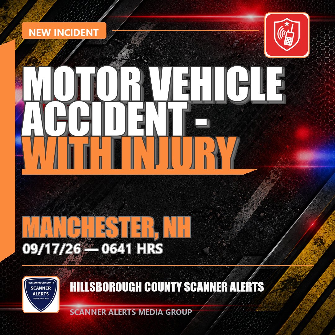 Rochnhscanner's tweet photo. *MOTOR VEHICLE ACCIDENT - WITH INJURY* | Manchester, NH
Mm 5.0 SB I-293, Manchester, NH
MVA with injury
⚠️TRAFFIC ALERT AVOID THE AREA⚠️
APPARATUS: ALS 3; ENGINE 2; ENGINE 11
#ScannerAlerts #MotorVehicleAccidentWithInjury #traffic #i293 #NHNews
#ManchesterNH
#HillsboroughCounty
#MotorVehicleAccident
#InjuryLawSupport