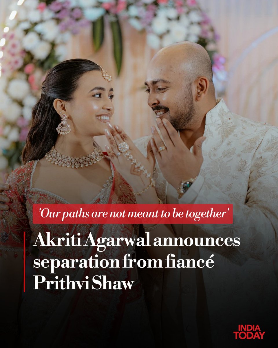 IndiaToday's tweet photo. Akriti Agarwal has announced her separation from Indian cricketer Prithvi Shaw, around six months after the couple publicly announced their engagement.

Taking to Instagram, Agarwal shared an emotional statement confirming that the two had mutually decided to part ways. She said they realised they had different goals and circumstances for their future.

Agarwal added that while they continue to have love and care for each other, they have accepted that their paths are no longer meant to be together.

#AkritiAgarwal #PrithviShaw #Separation #CricketNews #CelebrityNews