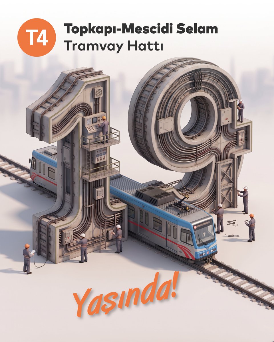 Açık renkli zemin üzerinde, T4 Topkapı–Mescid-i Selam Tramvay Hattı’nın 19. yaşını simgeleyen üç boyutlu bir illüstrasyon yer alıyor. Görselde raylar üzerinde ilerleyen bir tramvay, “19” rakamı biçiminde tasarlanmış endüstriyel yapı ve çevresinde çalışan figürler bulunuyor. Sol üstte turuncu daire içinde “T4”, yanında “Topkapı–Mescid-i Selam Tramvay Hattı” yazıyor. Alt bölümde turuncu renkle “Yaşında!” ifadesi yer alıyor.