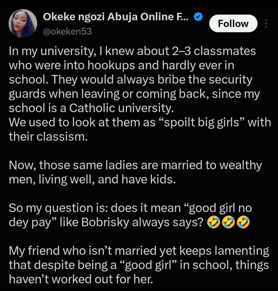 Grace_undiluted's tweet photo. In my university days, I didn’t date anyone in school, didn’t sleep with anyone, didn’t bribe any security guy nor lecturers. 

Read, sold palm oil on the side, passed all my exams, graduated. 

Now I have my own apartment, I travel, live comfortably with a good steady income. Have assets and investments. 

I know ladies who did the opposite and are not doing half as good as I’m doing now. 

So yes, “Good girl Dey pay.”

You people should stop this propaganda and let women choose how to live. Good girl ohh, bad gorl, let them choose. 

Stop trying to tell young girls that being “good girls” is not rewarding.