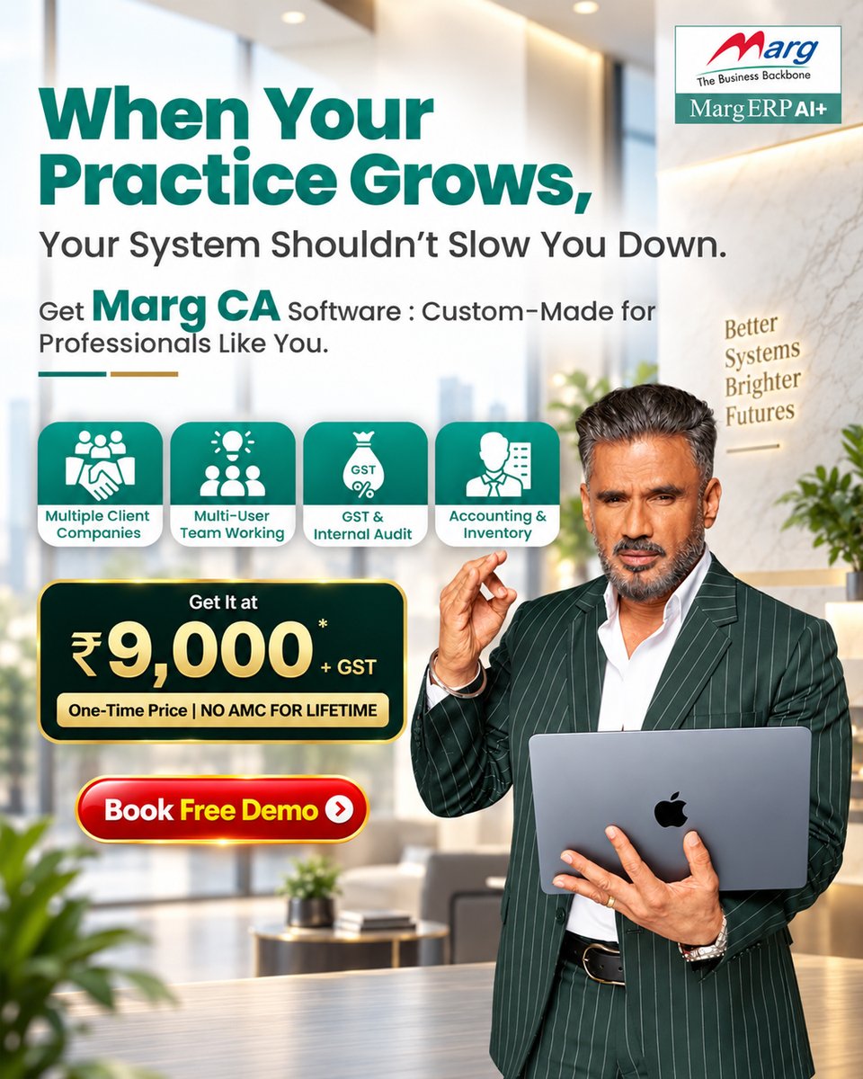 MargErpLtd's tweet photo. 🚀 Your CA practice is growing. Is your software keeping up?

Meet Marg CA Software — manage multiple clients, users, GST, audit, accounting &amp; inventory in one system.

💰 ₹9,000 + GST | No AMC for Lifetime

📞 9220408895 | 🌐 https://t.co/qvKdSudnqB 

#MargERP #CASoftware https://t.co/ANf6aUPDfI