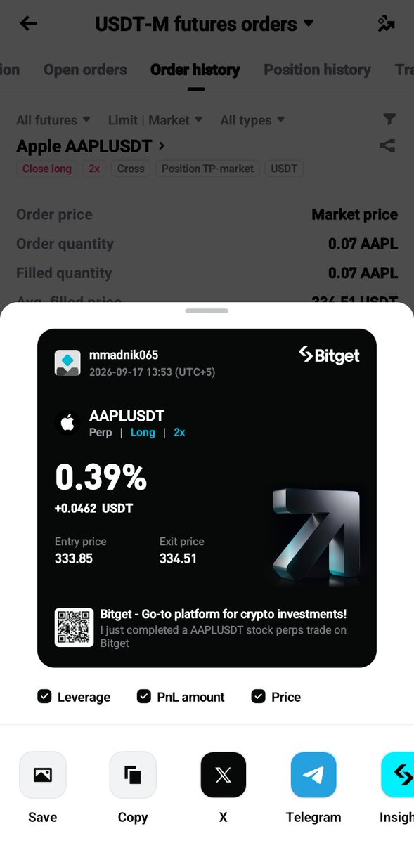 JamMmadni's tweet photo. I’d rather trade $AAPL than spend the money on a new iPhone right now.📱

I opened a small AAPL Stock Perp trade on Bitget with 2x leverage, entering long at 333.85 USDT with a 0.07 AAPL position. @Bitget_TradFi https://t.co/X8up1fnq5N