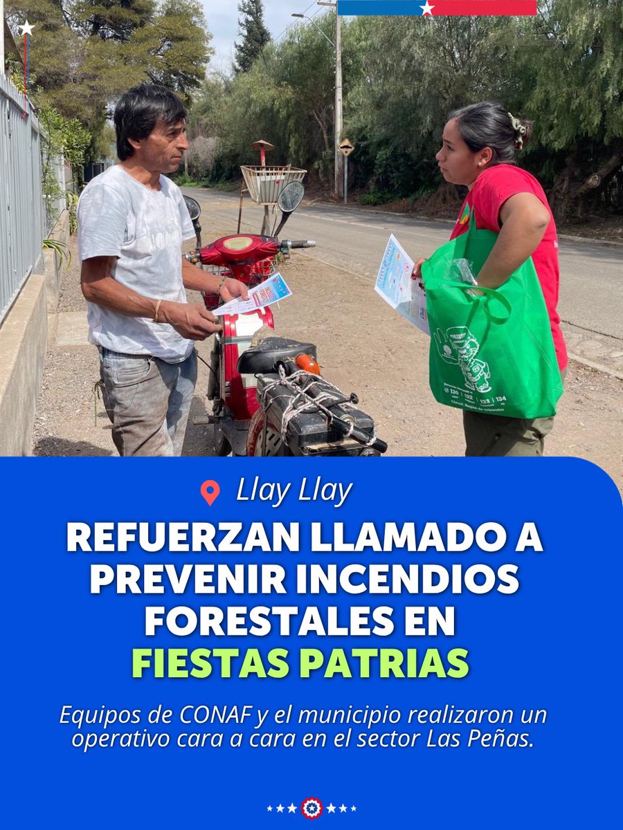conaf_valpa's tweet photo. 🚫🔥En el sector Las Peñas, equipos de #CONAF y la Municipalidad de #LlayLlay realizaron un operativo cara a cara para promover la prevención de #IncendiosForestales durante las jornadas de celebración de Fiestas Patrias. https://t.co/HPoTEqjX9Z