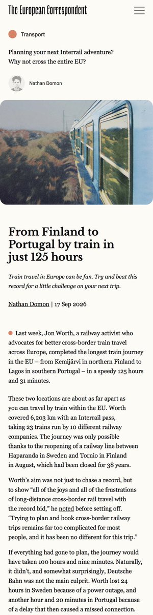 OgilvieCJ's tweet photo. Europe's longest train journey - with reopening of Haparanda, Sweden to Tornio, Finland it's now 6,203km Kemijärvi, Finland to Lagos, southern Portugal.
Rail expert Jon Worth has just done it in a speedy 125 hours &amp; 31 minutes.... https://t.co/XMoUxslnFk