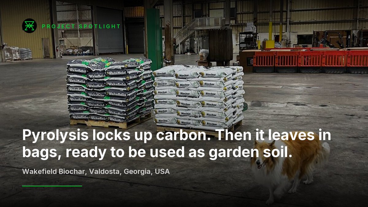 KlimaProtocol's tweet photo. Carbon removal sounds abstract. 

At the Wakefield Biochar facility in Georgia, USA, it leaves in bags.  

Pine bark waste is pyrolysed into biochar that holds its carbon for at least a century under CORC100+, then sold as soil improver through outlets like Walmart, Lowe's and Amazon.  

166 tCO2eq is available for retirement via the Klima Protocol: transparent pricing and immediate execution.