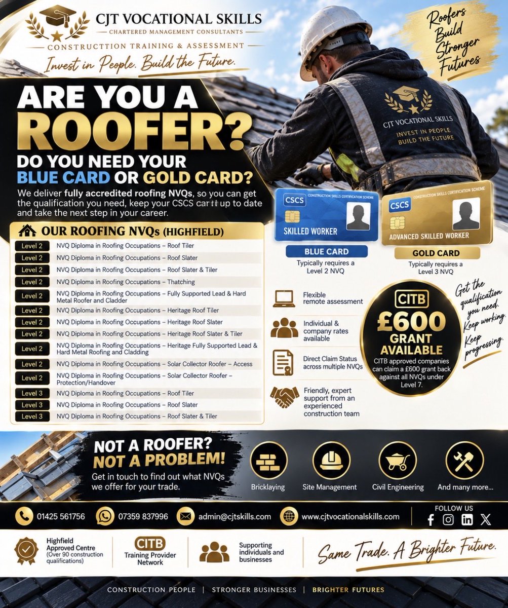 Cjtskills's tweet photo. 🏠 Are you a roofer looking to gain or update your CSCS card?

At CJT Vocational Skills, we offer a range of Level 2 & Level 3 Roofing NVQs, completed through flexible remote/workplace assessment around your existing job.

💷 Employers may also be able to claim £600 CITB grant funding per eligible NVQ.

Not a roofer? No problem — we’re approved to deliver over 90 construction qualifications, so get in touch to see what we can offer for your trade or role.

📞 01425 561756
📱 07359 837996
📧 admin@cjtskills.com

👉 Follow our page for NVQ, CSCS and construction qualification updates.

#Roofing #Roofers #Construction #NVQ #CSCS #ConstructionTraining #CITB