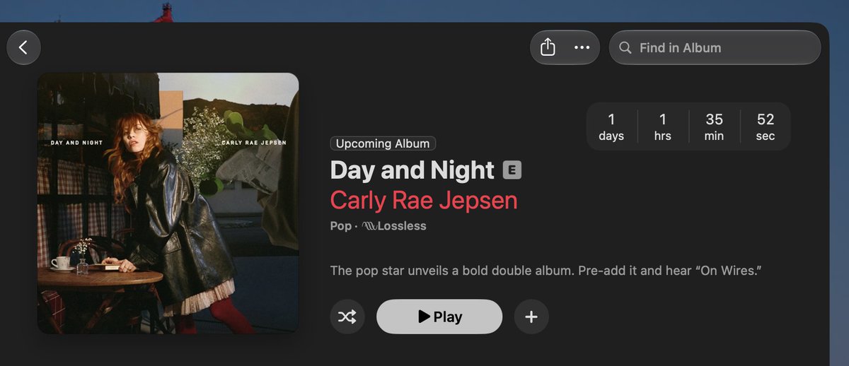itspdfu's tweet photo. Apple Music will soon show you release countdowns for upcoming albums.

Currently hidden behind a feature flag (Music/jojo) on iOS 27.2 and macOS 27.2. https://t.co/9UpHwutGpM