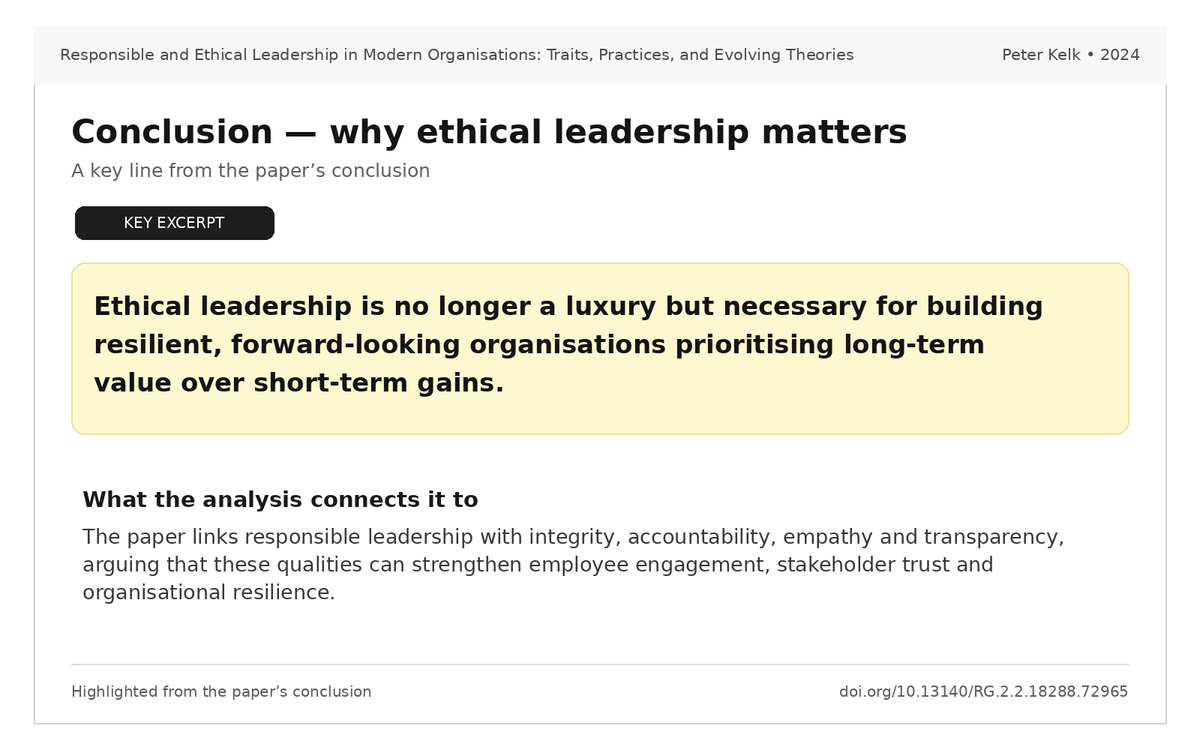kelkpeter's tweet photo. Ethical leadership can strengthen trust, engagement and resilience. My analysis traces leadership theory from “Great Man” models to modern approaches centred on integrity, accountability, empathy and stakeholder responsibility.

https://t.co/9zPTlTlzwR https://t.co/rydQKlFy1u