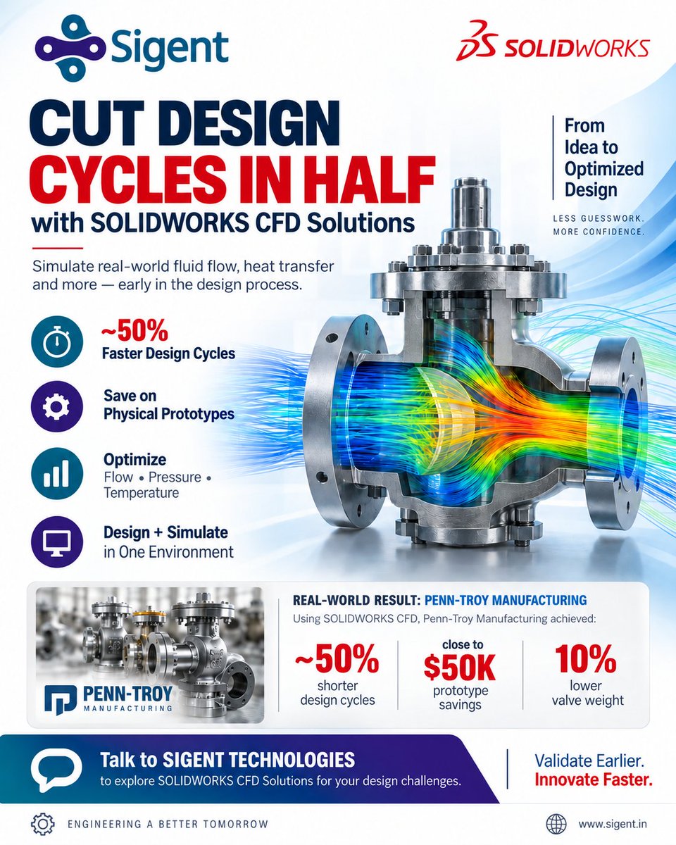 Sigent_India's tweet photo. Cut Design Cycles in Half with SOLIDWORKS CFD
What if you could validate performance before building the first physical prototype?
Talk to us.
#SOLIDWORKS #SOLIDWORKSCFD #FlowSimulation #CFD #ComputationalFluidDynamics #DesignValidation #ProductDesign #SigentTechnologies https://t.co/HpvPXpYXlR