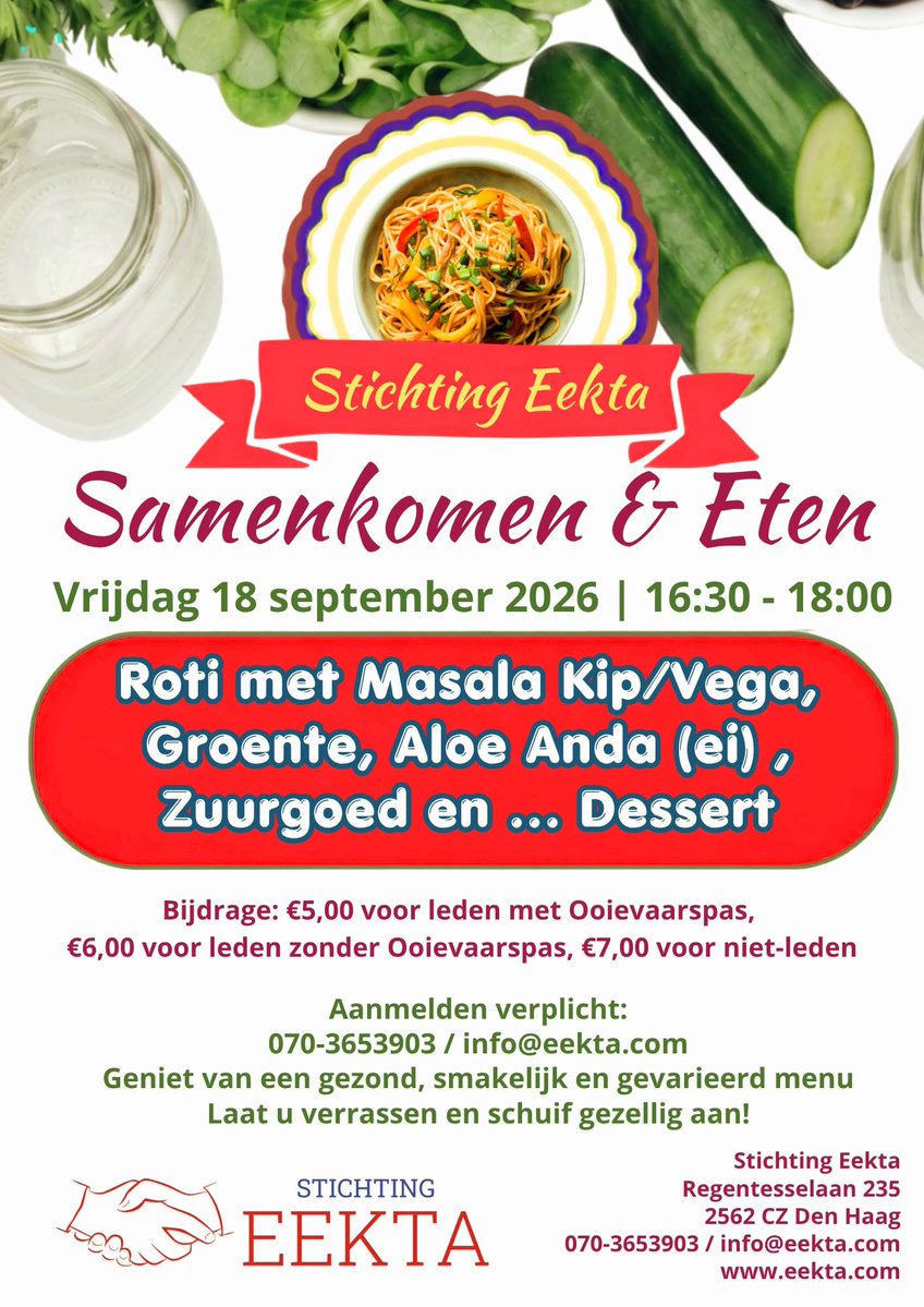 EektaStichting's tweet photo. Roti-liefhebbers opgelet! Op vrijdag 18 sept staat er #Roti met Masala Kip (of Vega) op het menu bij #StichtingEekta. Inclusief aardappel, groente, chutney én een lekker dessert.
Zien we je dan?
Reserveer je plekje snel:
📞 070-3653903
📧 info@eekta.com
#GezondEten #DenHaag https://t.co/sDKPrgxEKN