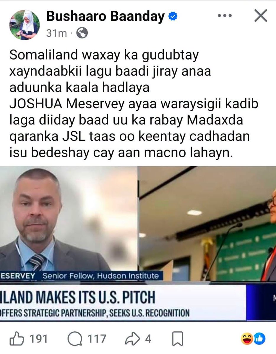SomaliEye_'s tweet photo. Bushaaro Ali Mohamed, also known as Bushaaro Baandey, who heads Somaliland National TV, has claimed that @JMeservey  of the @HudsonInstitute, who recently interviewed Somaliland President Abdirahman Irro, had sought financial payment from Somaliland.

She said Meservey became angry after his alleged request was rejected, adding: “His request to be paid for the interview was rejected, which led to anger that eventually turned into insults.”

However, Bushaaro did not provide evidence to substantiate her claim. The allegation has nevertheless raised questions about Meservey’s subsequent criticism of the Somaliland administration and the circumstances surrounding his interview with President Irro.