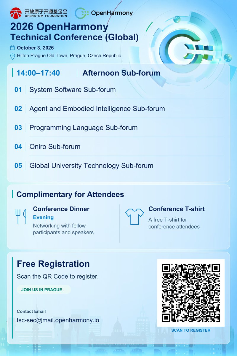 Cangjie_Lang's tweet photo. 5 sub-forums at #OpenHarmony Technical Conference (Global), Prague, 3 Oct:
Programming Language ๐ Cangjie is here
System Software
Agent & Embodied Intelligence
Oniro
Global University Technology
Free registration, dinner and T-shirt ๐ https://t.co/zrJFbkewxU
#Cangjie