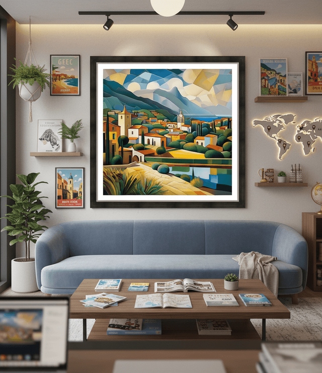 Esmonbijouart's tweet photo. Tired of flat decor? Meet Art136. This geometric Mediterranean piece brings coastal calm with bold cubist depth. Warm ochres meet angular art for a serene, sophisticated vibe. #ModernArt #MediterraneanVibes #GeometricDesign #GeometricArt #CubistStyle https://t.co/GGGZmoAKoK