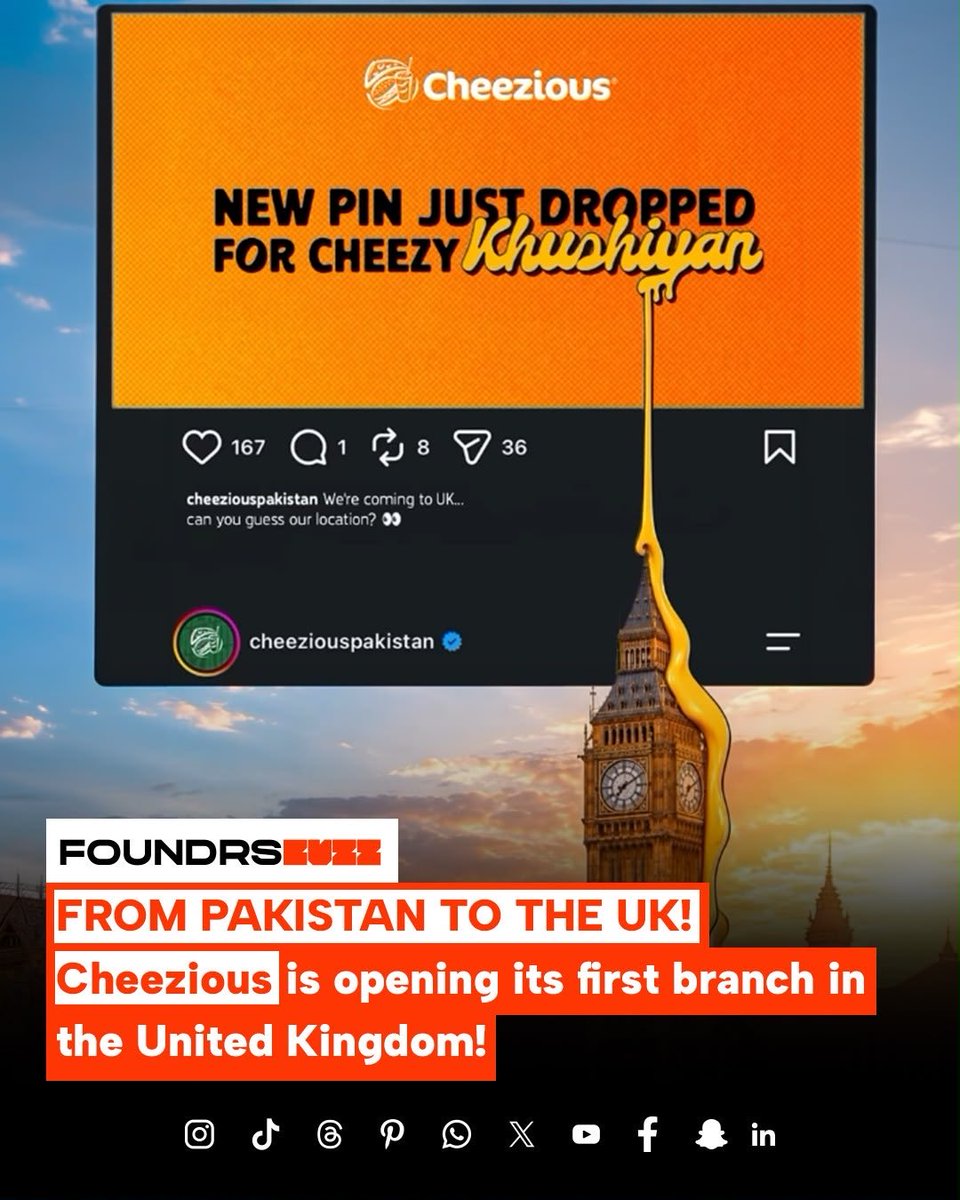 foundrsbuzz's tweet photo. Tick Tock… The wait is almost over!

Cheezious is taking its famous flavors beyond Pakistan as it prepares to open a branch in the United Kingdom. A proud moment for a homegrown Pakistani brand going global.

#Cheezious #CheeziousUK #PakistaniBrands #BrandExpansion #FoundrsBuzz https://t.co/fiUX3PXtDG