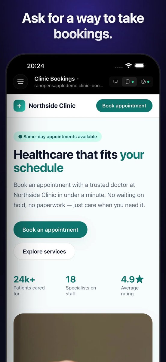 bitdotcloud's tweet photo. A clinic does not need a booking product with a thousand settings. 
It needs its own bookings. 
That's Hope: Anything App, out now on iPhone, iPad and Android. 
Link in the first comment 👇🏻🔗 https://t.co/pYvXI71oWN