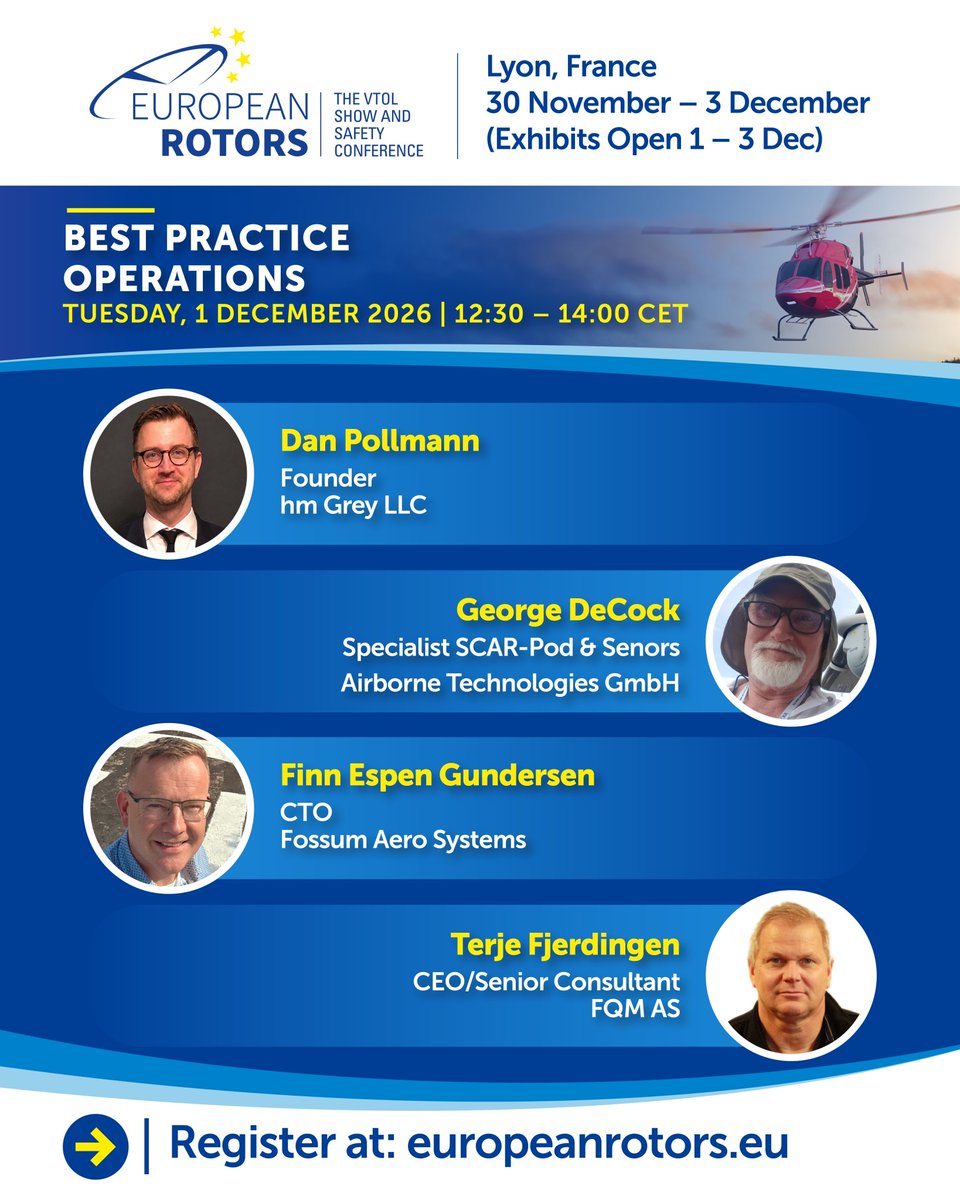 EuropeanRotors's tweet photo. Future-proof helicopter ops with AI, digital safety &amp; airborne search &amp; rescue.

Join us at #EUROPEANROTORS for Best Practice Operations.

🗓️ Dec. 1 | ⏰ 12:30–14:00 CET | 📍Stage 2

https://t.co/CDt1gn1uaq https://t.co/Qmz2H5V6Xo