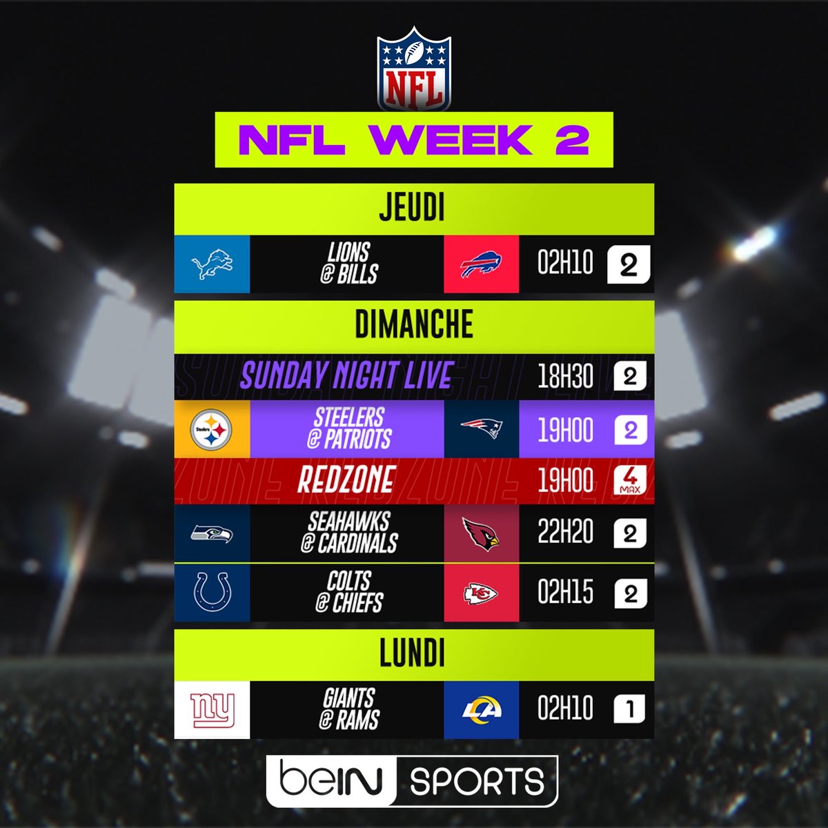 LioButon's tweet photo. 🏈 La week 2 NFL débute cette nuit par  un duel alléchant : 
👉LIONS 🦁 / 🦬  BILLS
📺 en direct à 2h10 sur beIN 2
🎙️@PenguinZac et @LMarceline28 

Découvrez le programme 🏈🍿 de la semaine sur @beinsports_FR #NFLextra 👇👇👇👇 https://t.co/NZcUFXjDRc
