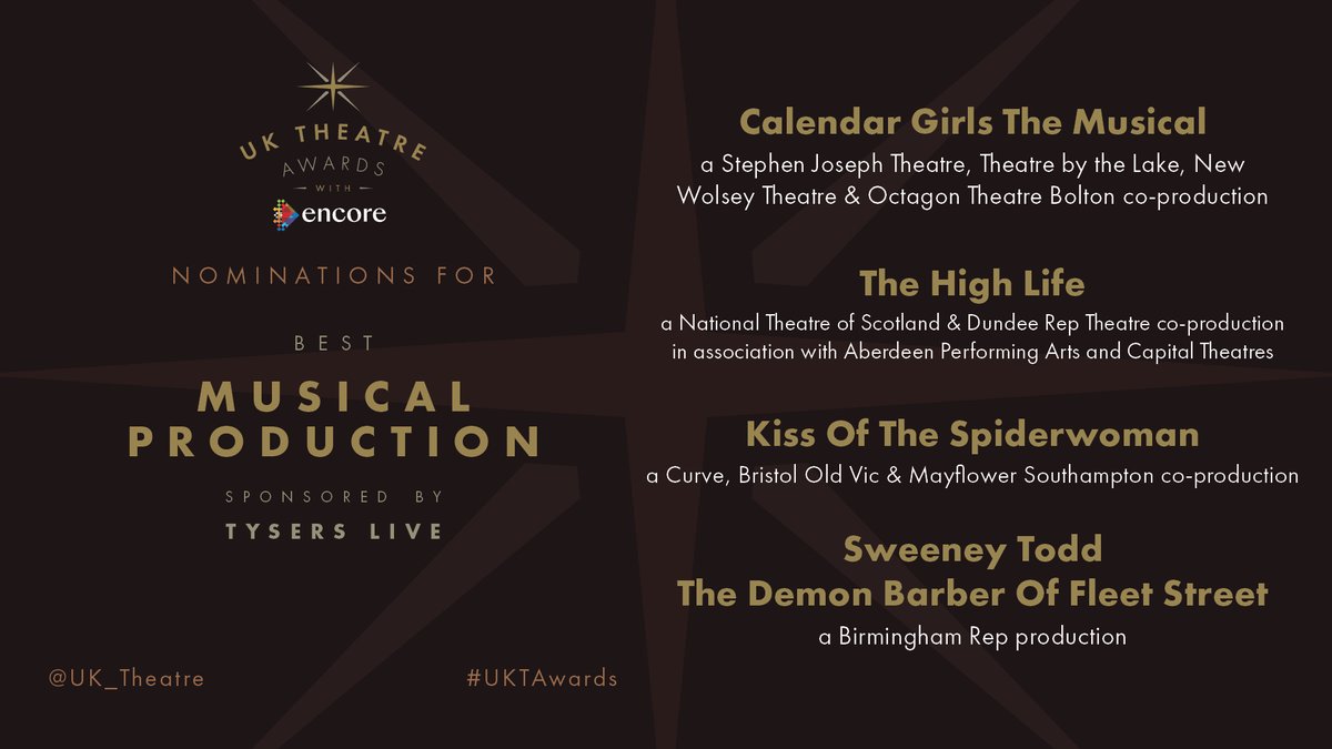 uk_theatre's tweet photo. The nominees for Best Musical Production sponsored by Tysers Live are:

Calendar Girls The Musical

The High Life

Kiss Of The Spiderwoman

Sweeney Todd The Demon Barber Of Fleet Street

#UKTAwards https://t.co/qHSXTpt6kM