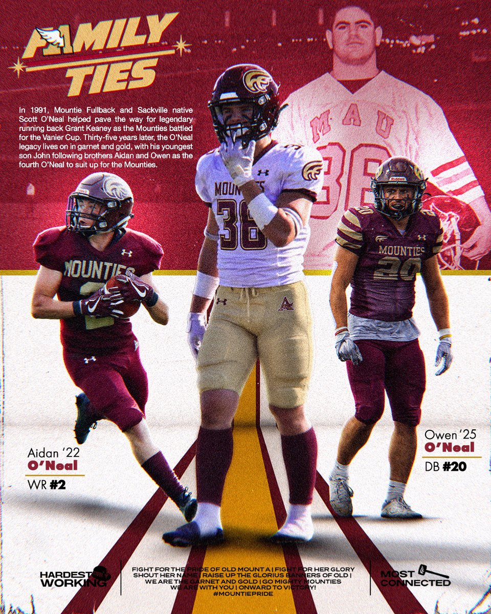 MTA_Football's tweet photo. In 1991, Sackville native Scott O’Neal helped pave the way for the Mounties on their run to the Vanier Cup.

35 years later, the O’Neal legacy continues as Johnny follows brothers Aidan and Owen as the third O’Neal brother to suit up in garnet &amp; gold. 🏈

#MountiePRIDE https://t.co/MnnRqmTB3D