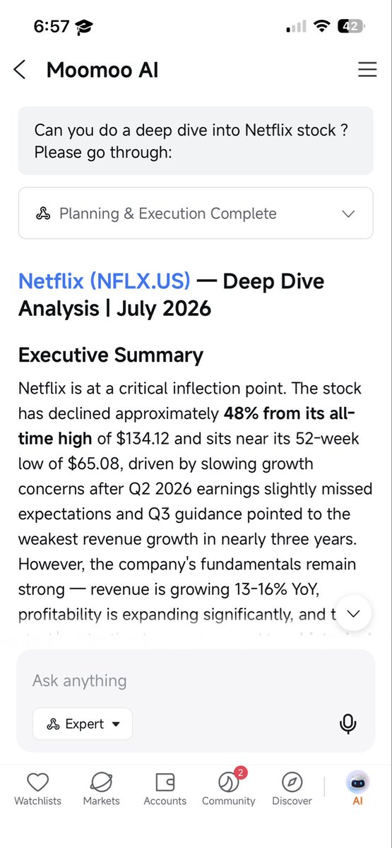 yhsiung7's tweet photo. How I Use Moomoo AI for Fundamental Analysis

One of the ways I use Moomoo AI is to simplify my fundamental research before looking deeper into a company.

For example, I recently asked Moomoo AI to do a deep dive into Netflix (NFLX). Instead of searching through multiple pages https://t.co/UVbUvOOOAi