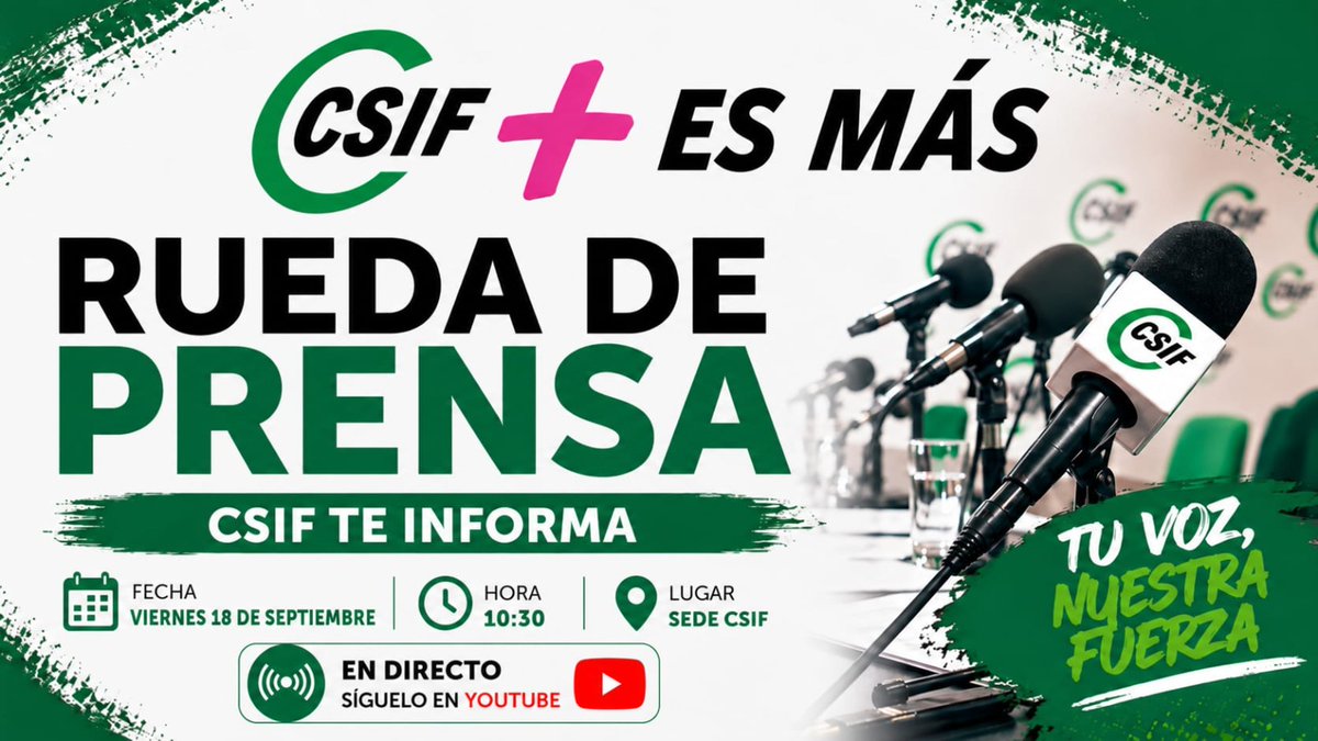 CSIFnacional's tweet photo. 🚨 Huelga y movilizaciones en la Educación de Madrid: #CSIF presenta este viernes su calendario de protestas, a partir del próximo 22 de septiembre.

📹 Rueda de prensa.
🗓️ Viernes 18.
🕥 10:30h.

🔗 Síguelo en directo desde aquí:
👉 https://t.co/9F2zoFkRvO https://t.co/r3nIogal5e