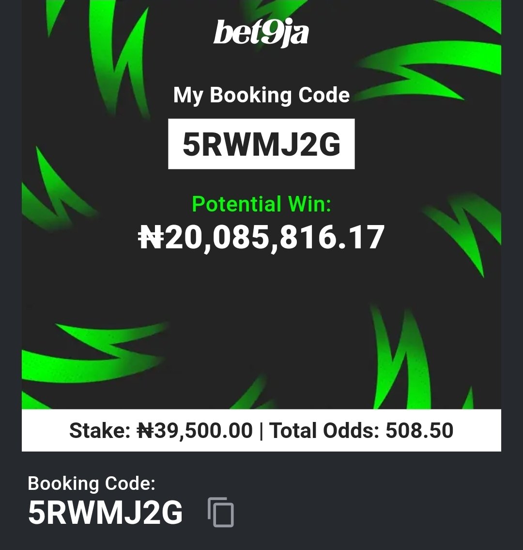 lekan_mark's tweet photo. 5RWMJ2G     6/6 
5RWMVV5    6/6
5RWN3J7      6/6    💥  E don boom already  💪 

#Bet9jaCode 
#Bet9jaCode 
#Bet9jaCode https://t.co/SxXSzzxryt