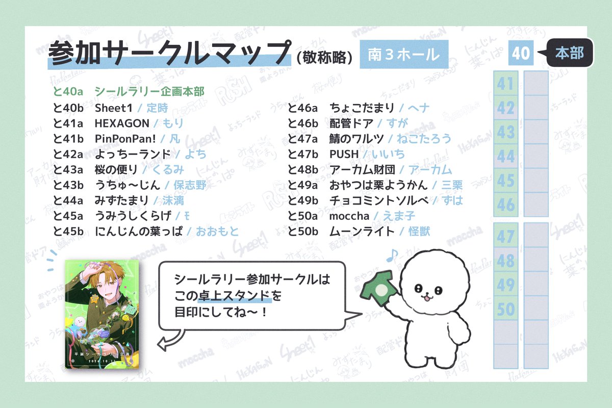 tzi_kkk's tweet photo. 💚サークルマップ公開💚

#平誕シールラリー企画2026
参加サークル様の一覧です！(主催含む全18サークル)

当日はキービジュアルの卓上スタンドが目印！
※卓上スタンドの設置は任意です。

各スペースを巡り、ぜひあなただけの
寄せ書きTシャツを完成させてください👕💫

#せなとな https://t.co/8rBJH7uO3Y