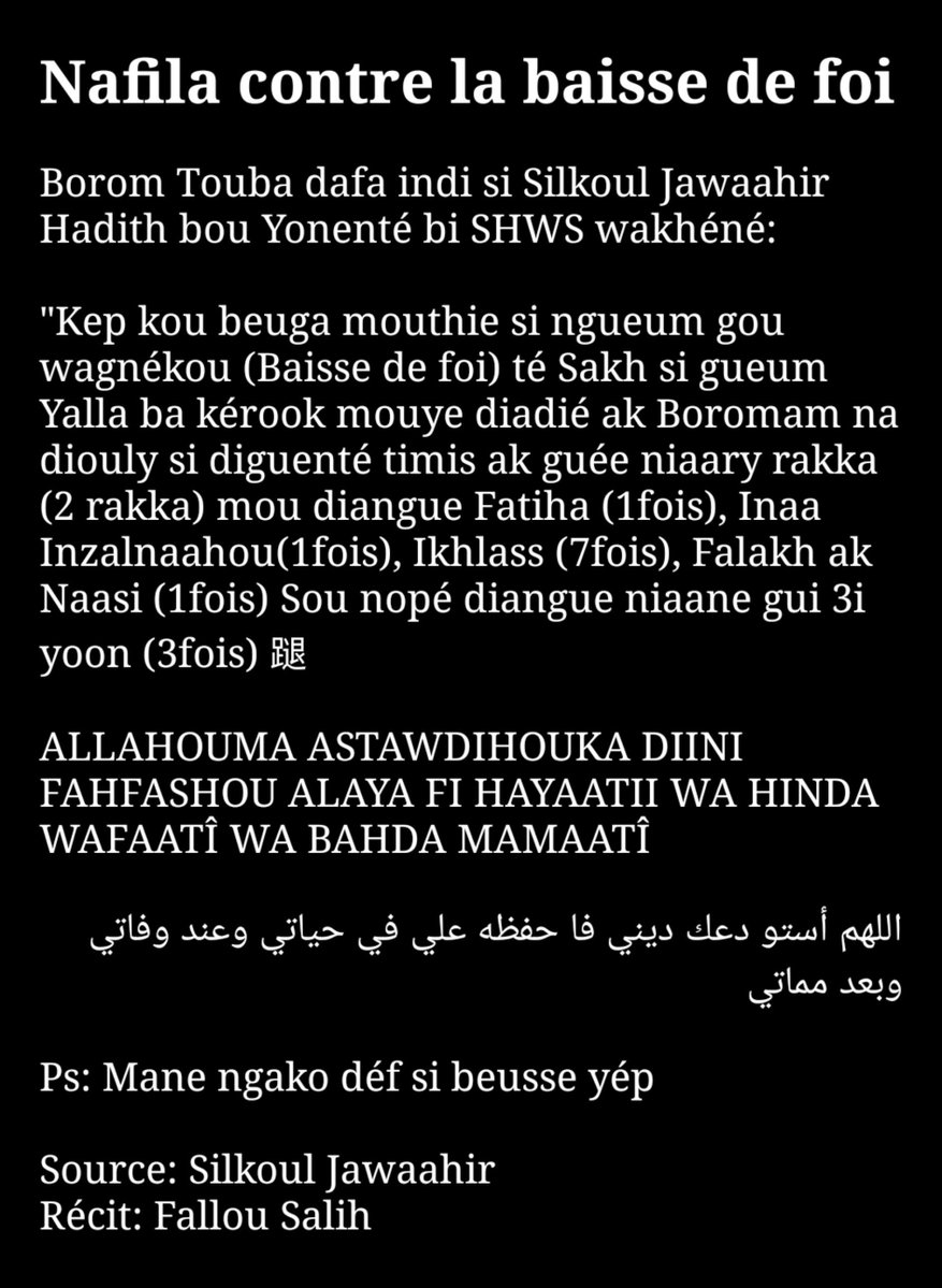 SalihFadal's tweet photo. Nafila gou amsolo diougué si Yonenté bi Sallalahou Alayhi Wasalam Cheikhoul Khadim indiko si Silkoul Jawaahir 👇 https://t.co/rHVcOHnq7a