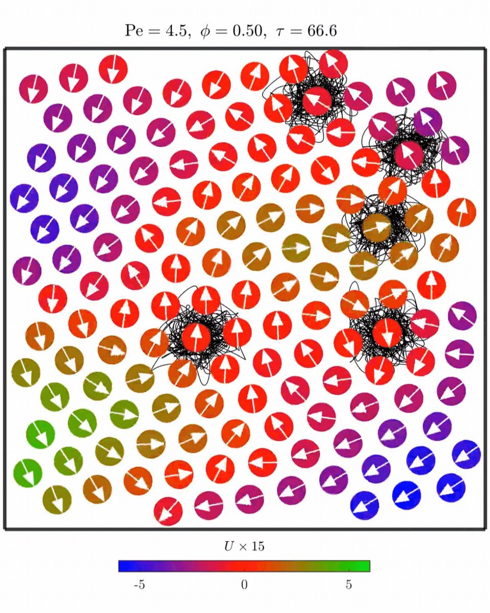 Animated gif showing a zoomed-in view of turbulence with negligible net displacement of disks, at Pe = 4.5 and φ = 0.5, with time τ running from 0 to 200. Multiple disks are depicted in a box and colored by the velocity component U x 15 (ranging from dark blue at -5, through red at 0, to green at 5). Arrows indicate their swimming directions, which are constantly changing. Black lines trace the trajectories of five selected disks, creating five localized roughly circular scribbles, indicating that the disks are vibrating locally, and remain within a caged region, rather than performing large-scale advection.
