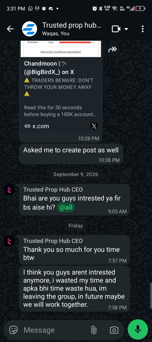 PropFirmSight's tweet photo. 🚨 THE REAL STORY BEHIND THE “TRANSPARENCY” MIGHT BE MORE INTERESTING THAN THE POSTS.

@TrustedPropHub presents itself as a platform that promotes firms based on results, transparency and what traders actually experience.

But according to the screenshots shared, they approached EzeFundedFX for a $1,500 promotional deal.

The deal was declined.

And shortly after that, TrustedPropHub started posting publicly against @EzeFundedfx , highlighting their issues and questioning the firm’s credibility.

That raises a pretty important question:

If a firm refuses to pay for promotion, does it suddenly become a target?

Because if the answer is yes, this isn’t really about transparency or trader protection.

It’s promotion with a price tag.

Look beyond the posts. Look at who you follow.