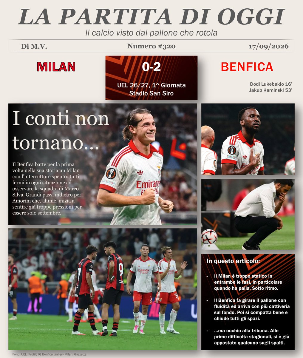 MV_05_'s tweet photo. #UEL #MilanBenfica Il #Milan perde contro un #Benfica che applica i suoi principi di gioco e sembra essersi perso, tra presenze pressanti in tribuna e calciatori svogliati. #Amorim è già sulla graticola pur avendo fino a ieri quasi più amichevoli estive che partite ufficiali. https://t.co/WtlcStdHkY