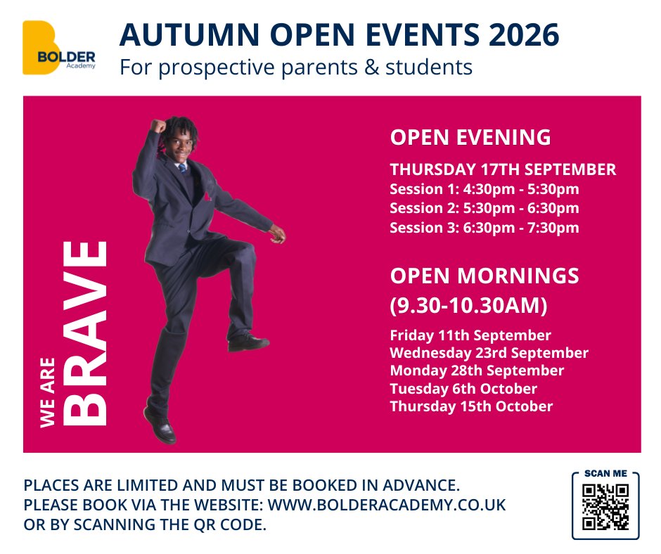 Imagine your child learning in a modern, purpose-built school surrounded by open green space.
 
Visit us to explore the Academy and picture your child&rsquo;s future at Bolder.
Book at&nbsp; bolderacademy.co.uk.
 
 #BolderAcademy&nbsp; #OpenEvents Image