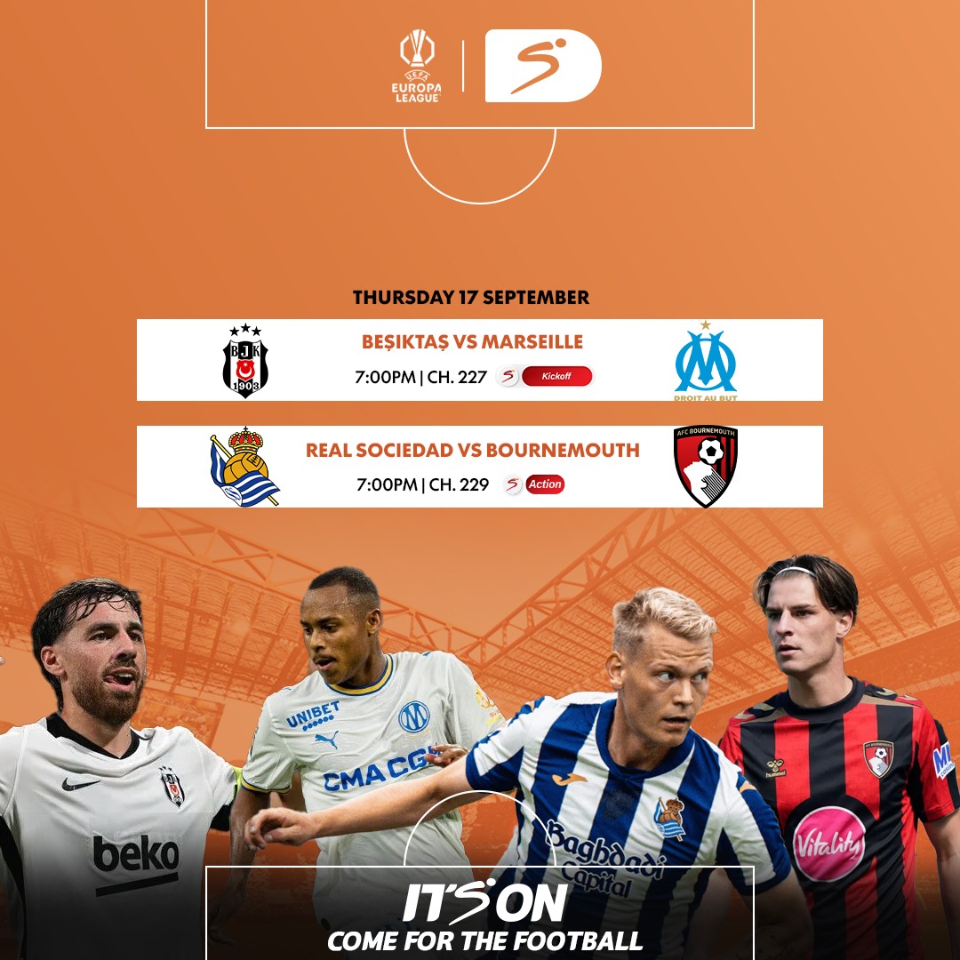 DStv_Ghana's tweet photo. More #EuropaLeague action! 🔥⚽

🔹 Besiktas vs Marseille at 7:00PM
🔹 Real Sociedad vs Bournemouth at 7:00PM

What's your prediction? 👀

📲 Pay for Compact and get an instant upgrade to Compact Plus and enjoy all the action LIVE in HD on SuperSport.

#SSfootballONDStv https://t.co/IaveBUk3QB