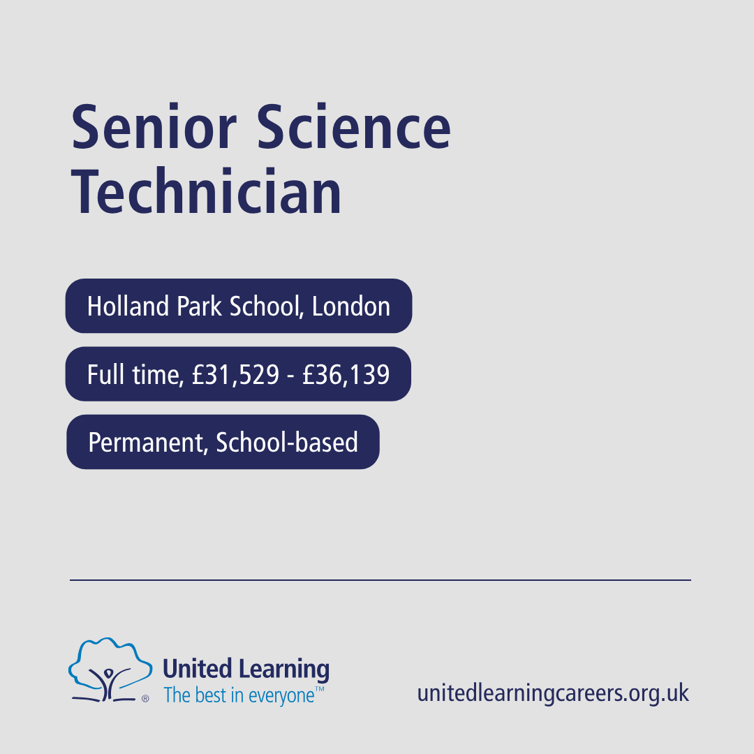 UnitedLearning's tweet photo. 📣 Job of the day – Senior Science Technician

Holland Park School is looking for a Senior Science Technician to join its department.

If you’re passionate about helping bring science lessons to life, we'd love to hear from you: https://t.co/gDjbJwexW3

#STEMJobs #EducationJobs https://t.co/mFXORaHnBE