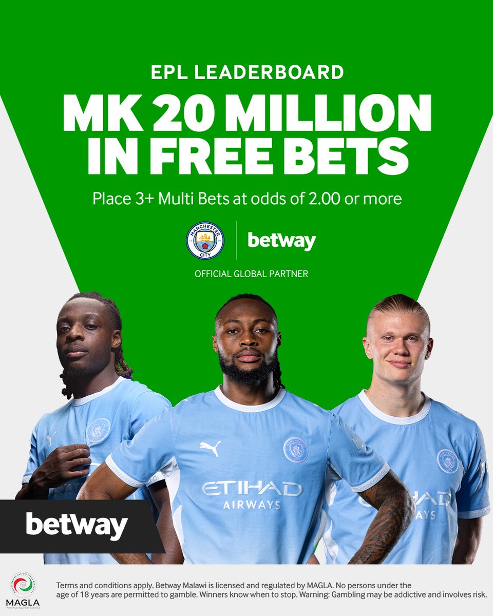 BetwayMalawi's tweet photo. MK 20 MILLION IN FREE BETS

Place Multi Bets with 3 or more legs of MK 1,500 or more at odds of 2.00 or higher that include 1 or more EPL games to earn points on our weekly leaderboards. There’s a share of MK 20 million in Free Bets that could be yours across a thrilling five weeks of football.

Enter 👉 https://t.co/3YWmT5jcPF