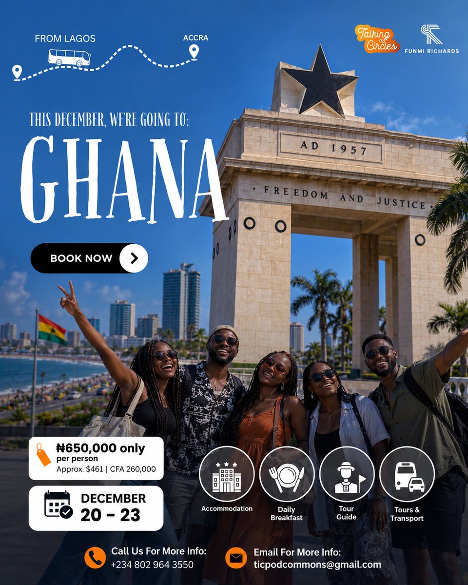 Funmi_Richards's tweet photo. POV: You said you’d travel more this year… 👀
So we’re taking a group to Ghana this December.
20–23 Dec | Lagos → Ghana
₦650k pp
Good people, good food & a December adventure.
Official announcement soon.
#RoadTrip #Travel #GhanaTour #TiCPodCommons #Emberholiday https://t.co/gEFPI578ZL