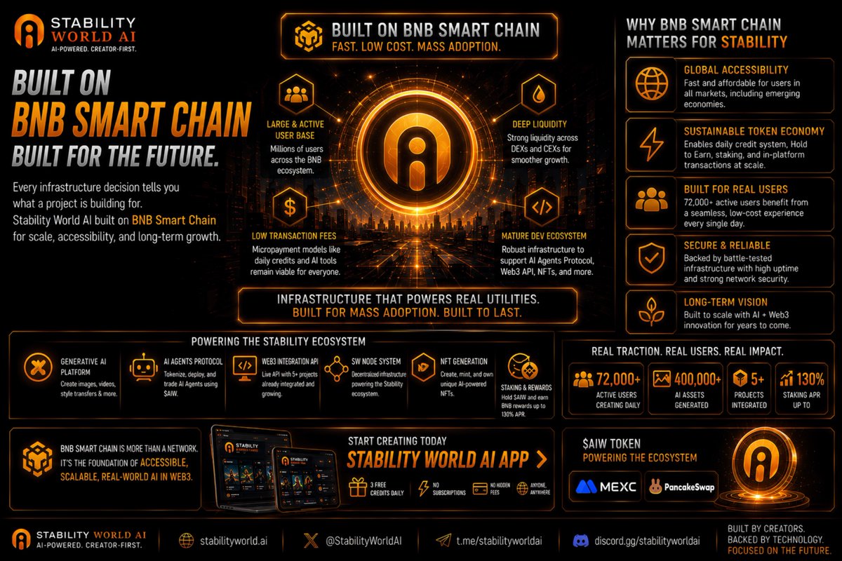 StabilityW_AI's tweet photo. Every infrastructure decision a Web3 project makes tells you something about its long-term thinking.

Stability World AI built on BNB Smart Chain. That was not a default choice.

BNB Smart Chain gives Stability access to one of the largest active user bases in crypto, low transaction fees that make micropayment models like daily credit purchases viable, deep liquidity across DEX and CEX integrations, and a developer ecosystem mature enough to support the AI Agents Protocol, the Web3 API layer, and the NFT generation system simultaneously.

For a platform designed around daily usage by 72,000+ active users, those are not minor advantages.

They are the foundation the entire token economy runs on.

$AIW settles on a chain where transactions are fast, cheap, and accessible to users across every market including emerging markets where expensive gas fees have historically excluded participation.

That accessibility is not cosmetic. It is what makes the Hold to Earn model, the daily credit system, and the staking mechanism viable for the kind of broad user base Stability is building.

Infrastructure choices compound over time. Stability made the right ones early.