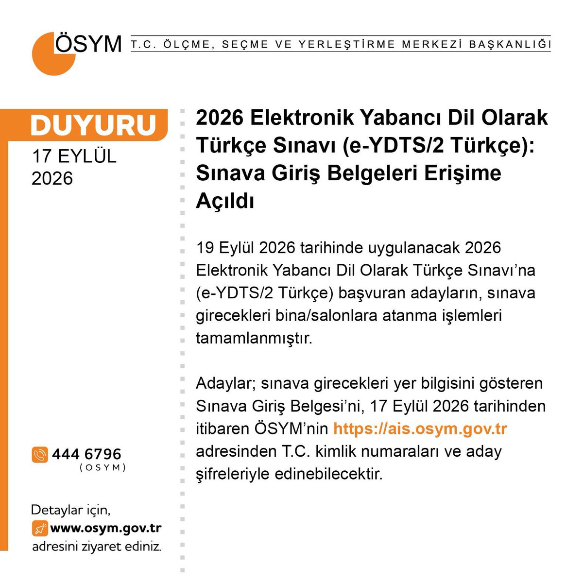 2026 Elektronik Yabancı Dil Olarak Türkçe Sınavı (e-YDTS/2 Türkçe): Sınava Giriş Belgeleri Erişime Açıldı